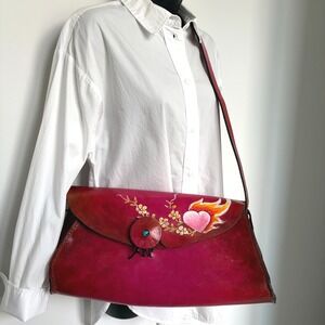 Hand Painted Leather Shoulder Bag Magenta Flaming Heart Sacred Heart 18in